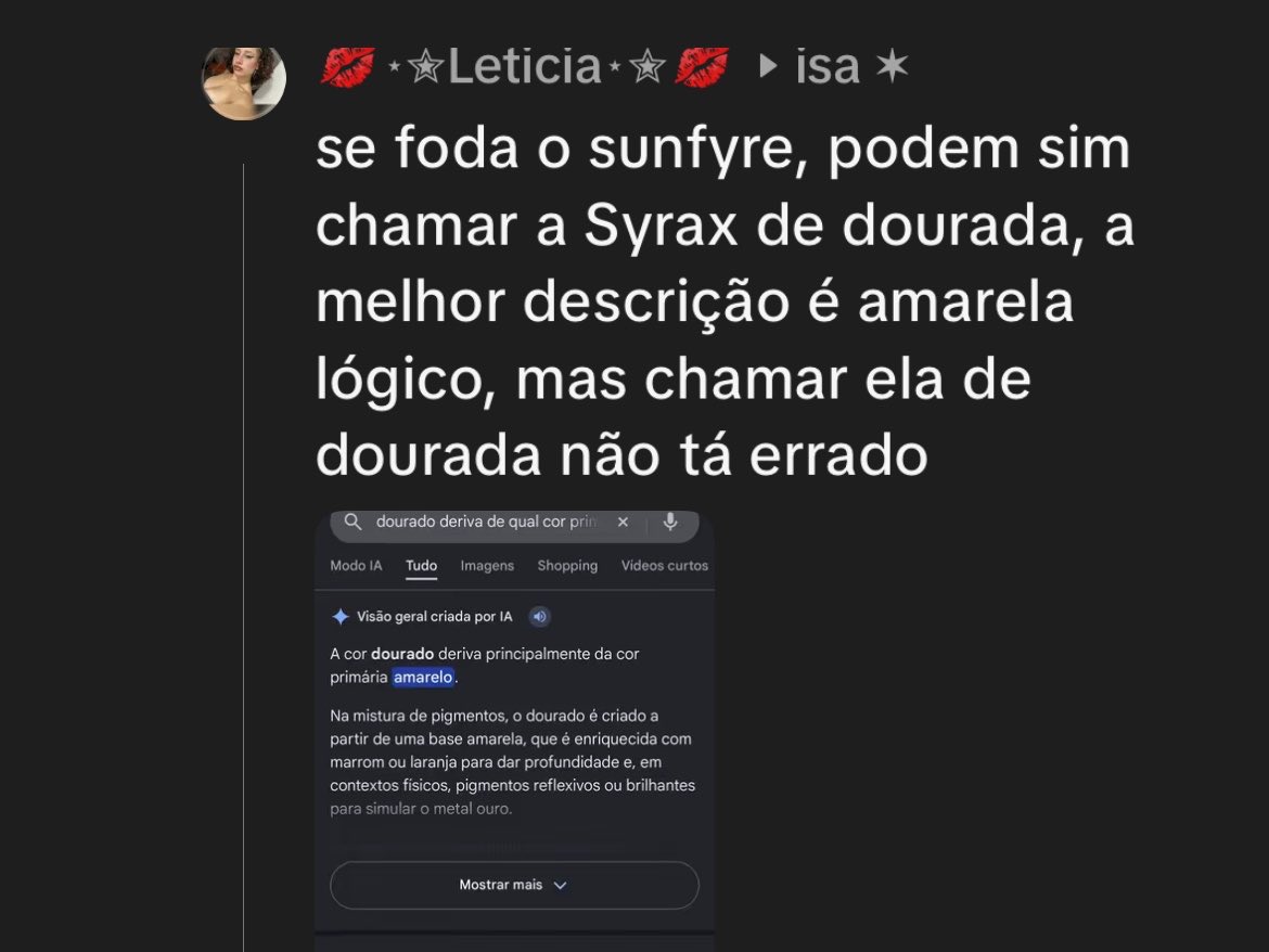isaasoiaf's tweet photo. ah pronto agora deu pros fãs da cunyra chamarem a syrax de “dourada” kkkkkkkkkkkk é muita petulância e inveja do solzinho mesmo https://t.co/tgCIaAgXNt