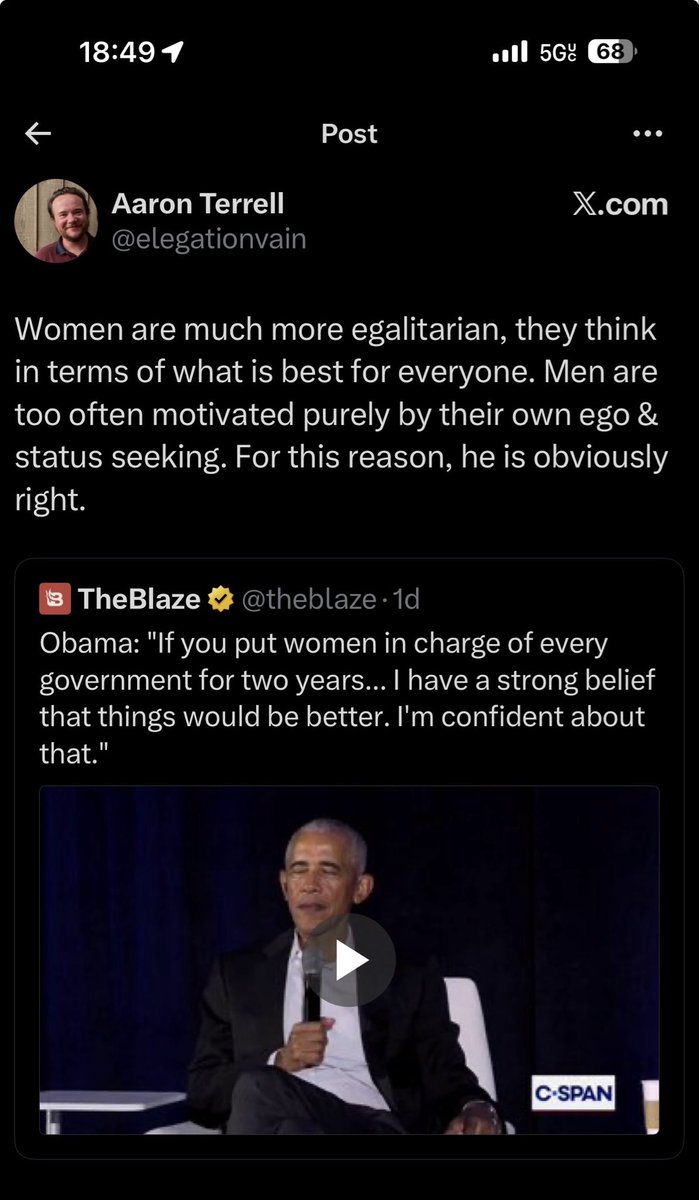 bruderSkin's tweet photo. Male cucks like this are so annoying. I’m  also entirely uninterested in anything Obama says at this point. 

If you put women in charge of every government for two years, societal collapse would follow. 

Clearly, he never worked in a department run entirely by women. It’s toxic femininity on a grand scale and nothing gets accomplished, but at least everyone gets a birthday cake. 😂