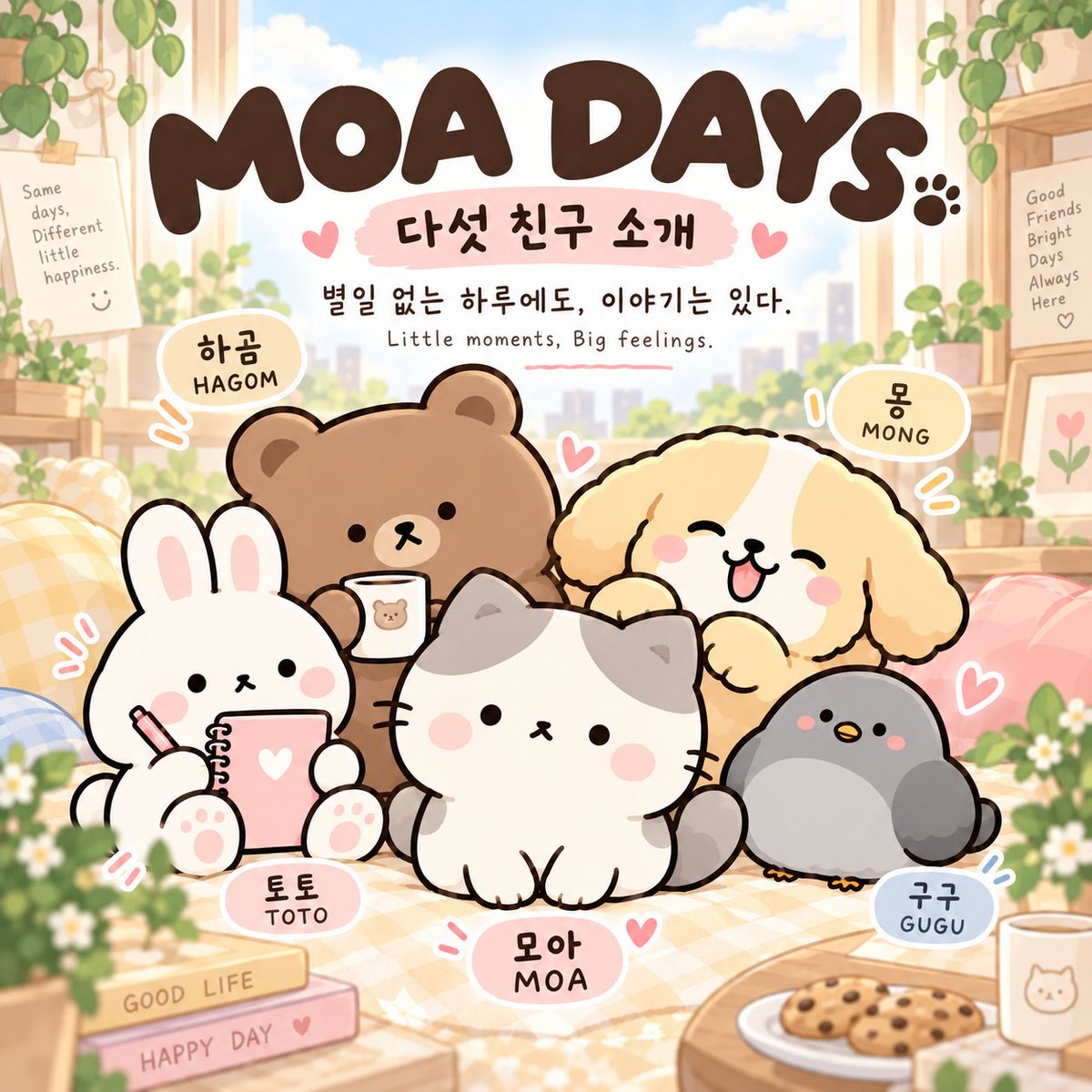todaygagha's tweet photo. 🐱 MOA DAYS | 별일 없는 하루에도 이야기는 있다.

무심하지만 따뜻한 모아, 생각 많은 하곰, 언제나 행복한 몽, 계획왕 토토, 말없는 구구!

서로 다른 다섯 친구가 만들어가는 작고 특별한 일상. ❤️

앞으로 《MOA DAYS》의 모든 이야기를 이곳에서 정식 연재합니다!
🌿https://t.co/UvizIPJZIU

Same days, different feelings.
#MOADAYS #모아���이즈 #Webcomic #SliceOfLife #4컷웹툰