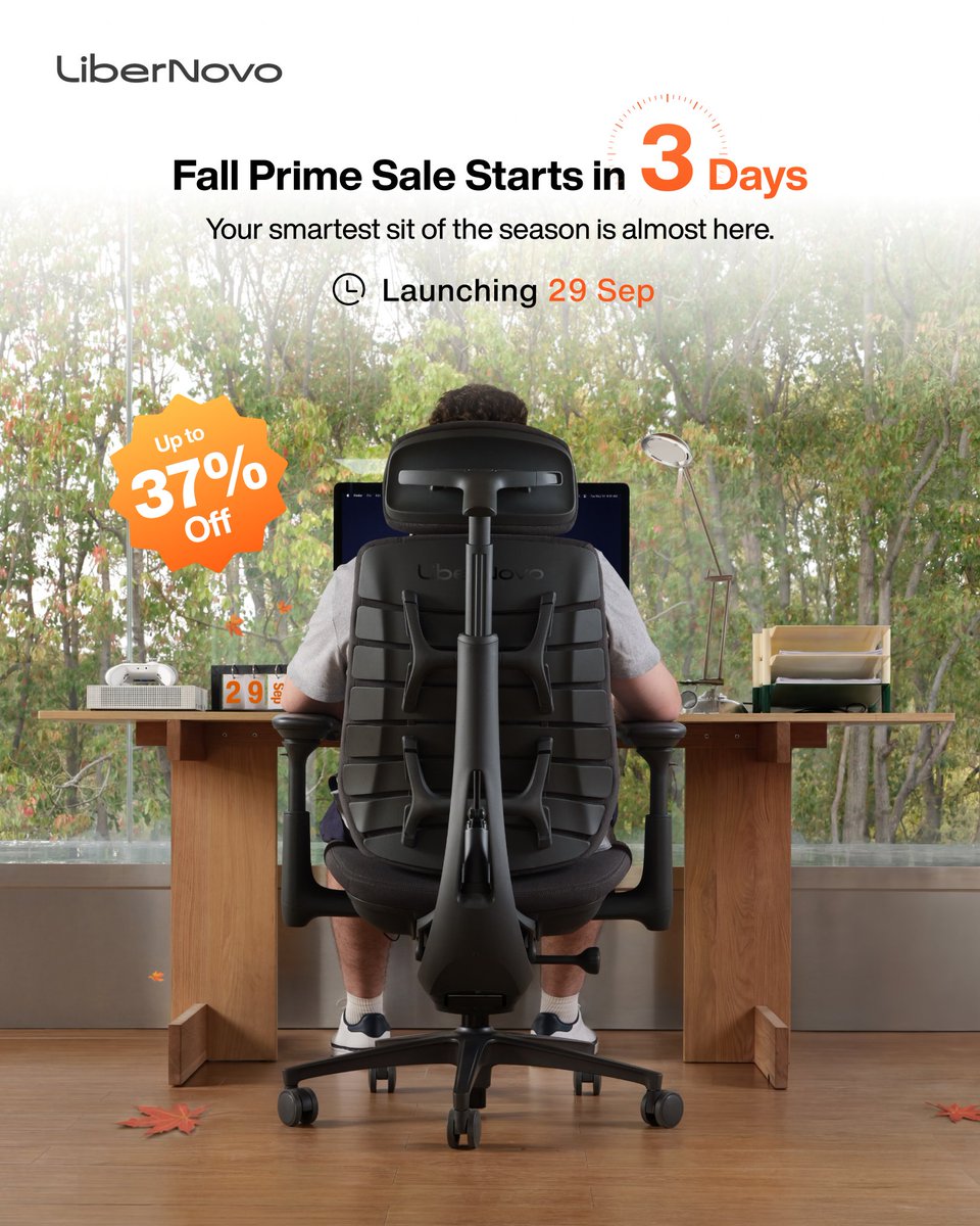 LiberNovo's tweet photo. The Fall Prime Sale starts in three days ⏳

Up to 37% off across the Omni and Maxis lines, from 9/29 at 19:00 PDT.

Three days is plenty of time to work out which chair you want. It's not enough time to think about it for two weeks first.

#LiberNovo #FallPrimeSale https://t.co/NgLcP6joGj
