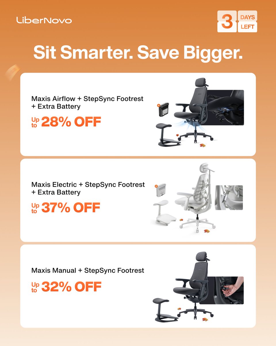 LiberNovo's tweet photo. The Fall Prime Sale starts in three days ⏳

Up to 37% off across the Omni and Maxis lines, from 9/29 at 19:00 PDT.

Three days is plenty of time to work out which chair you want. It's not enough time to think about it for two weeks first.

#LiberNovo #FallPrimeSale https://t.co/NgLcP6joGj