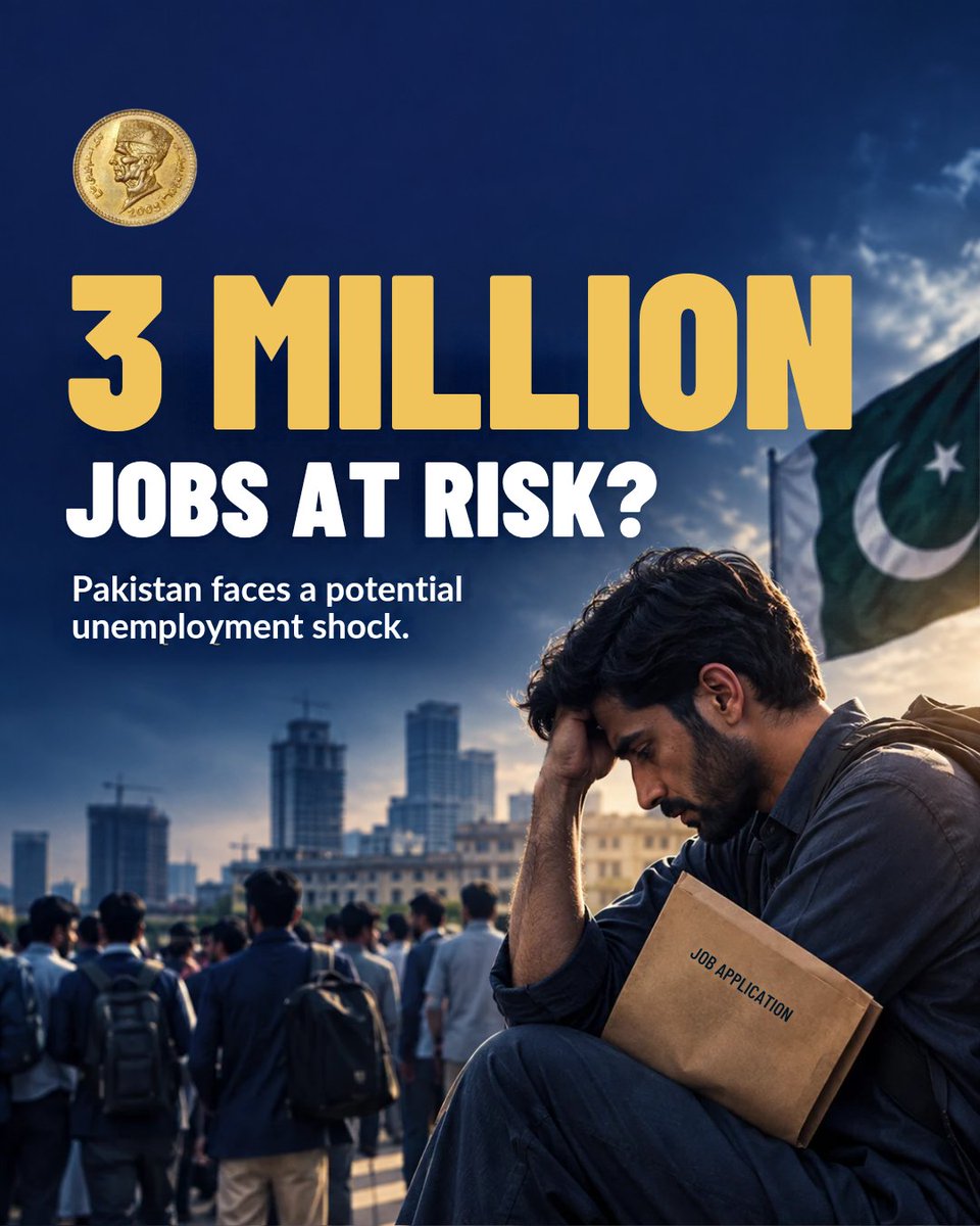 Paknomicss's tweet photo. 🚨 3 MILLION JOBS AT RISK?
A PIDE study says Pakistan could see up to 3 million additional unemployed workers under a severe/systemic shock scenario.
Energy, freight, credit &amp; demand pressures could hit jobs hard. 🇵🇰
#Pakistan #Economy https://t.co/cLNP1gwaMs