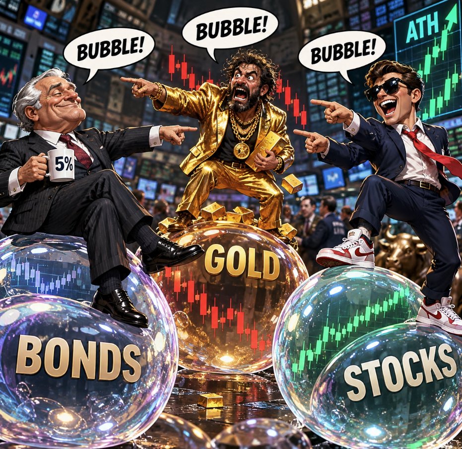 MKINDICATORS's tweet photo. Bonds: 5% yield, risk-free
Gold: 5 red weeks in a row
Stocks: 0.7% from ATH anyway

Every asset class thinks the other one is the bubble 😂 https://t.co/T7UajDbsC8