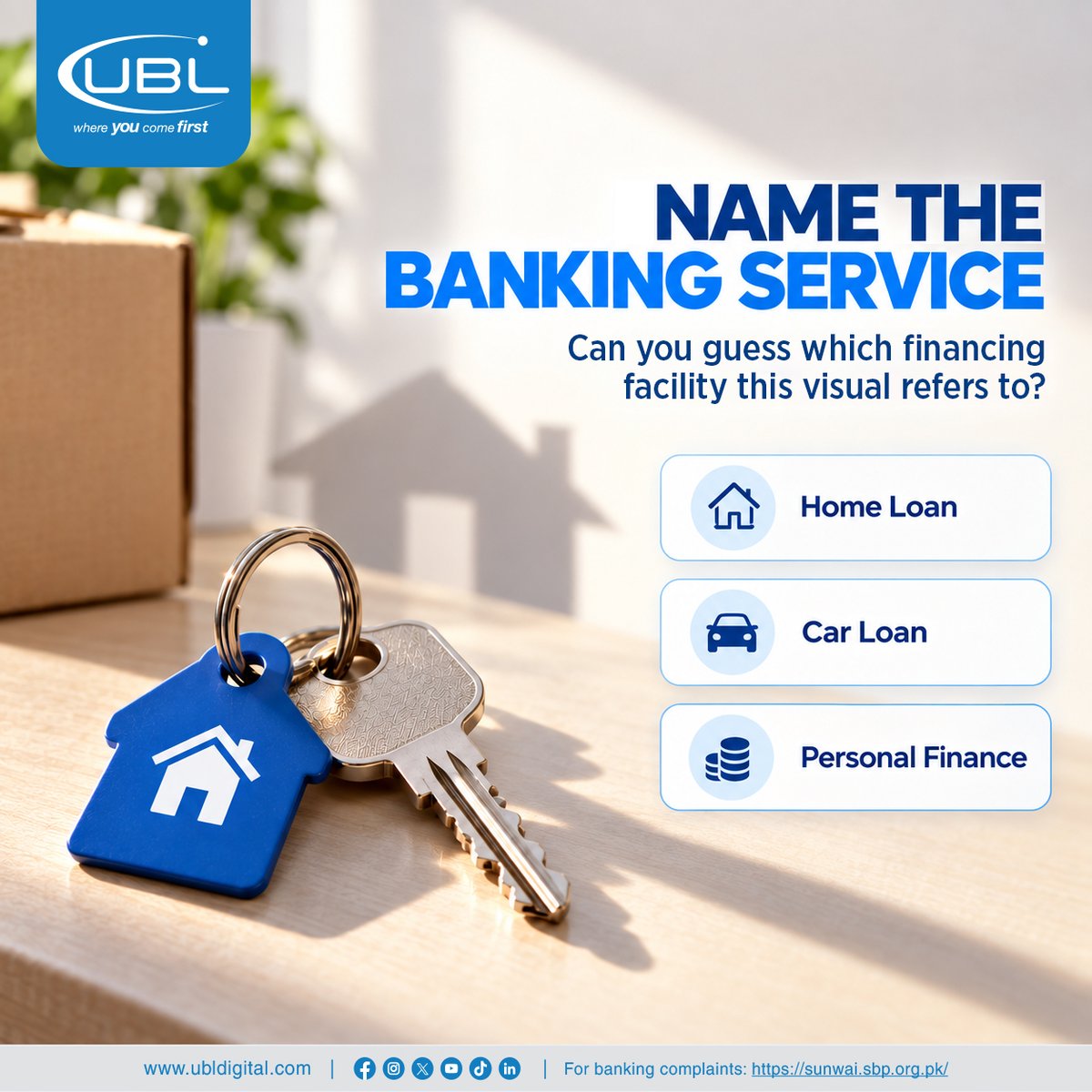 UBLDigital's tweet photo. Can you guess the banking service from the clues? 🧐 A home, a car or personal needs—each financing solution serves a different purpose.
What’s your answer? 👇
#UBL #BankingServices #FinancialAwareness #PersonalFinance #KnowYourBanking
Complaints: https://t.co/dacinBVLlT https://t.co/gA6h0xuN2a