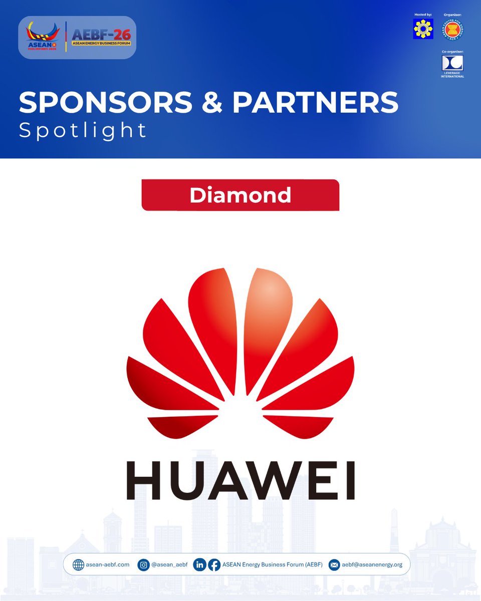 asean_aebf's tweet photo. 🤝 SPONSORS &amp; PARTNERS SPOTLIGHT

We are honored to announce Huawei as a Diamond Sponsor for #AEBF26! ⚡

📅 05–09 October 2026
📍 PICC, Metro Manilla.
 
🔗 https://t.co/VqeRCq66KM 
📩 Enquiries: aebf@aseanenergy.org https://t.co/Mh4jm8eCkm