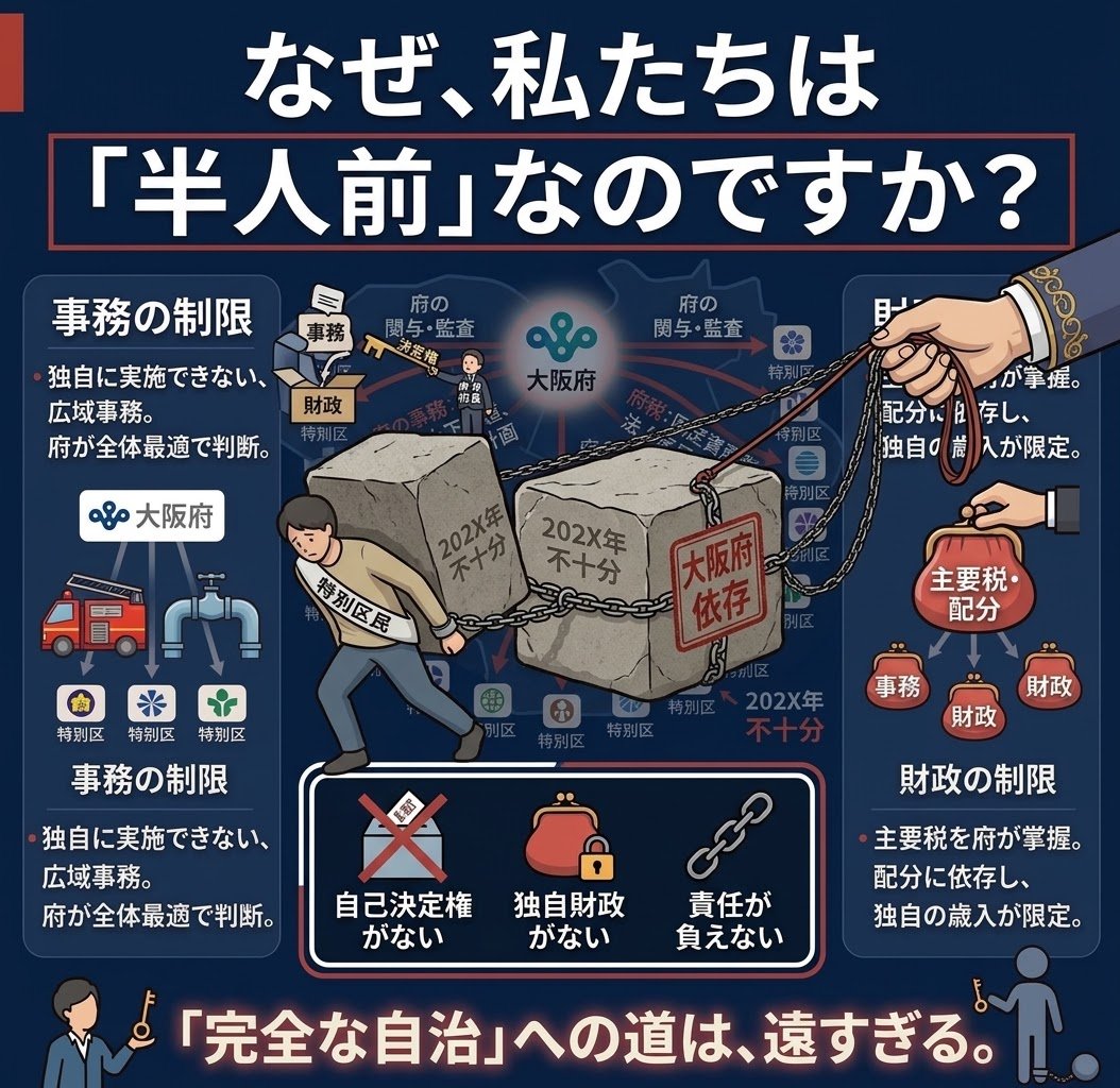 osakakyoto_0825's tweet photo. 大阪市民は何故自ら自治権を放棄して特別区民にならなければならないのですか？私は #政令市 の権限や事務による自己決定・自己責任を伴う大阪市民���よいです #大阪維新の会 の #大阪都構想 で #大阪市 を廃止して #特別区 に分割して半人前自治体になりたくないです https://t.co/sIjj67RA4u