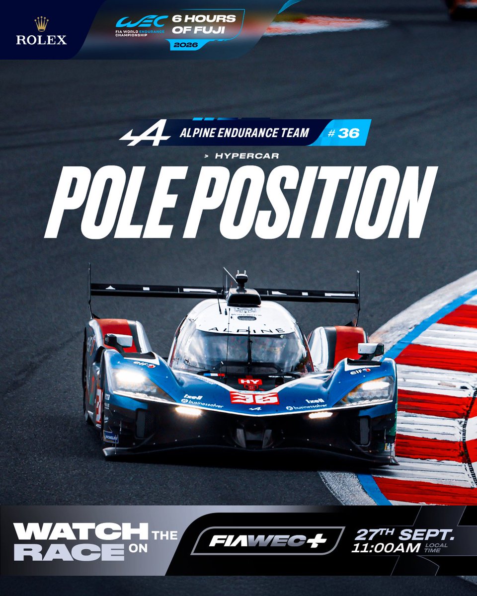 FIAWEC's tweet photo. ALPINE CLAIM POLE IN FUJI 🇯🇵👏

The #36 @AlpineWECteam will start from the top spot for the 6 Hours of Fuji, with the grid set by the fastest time across all practice sessions, following the cancellation of Qualifying.

#WEC #6HFuji #Alpine https://t.co/570q8nnJva