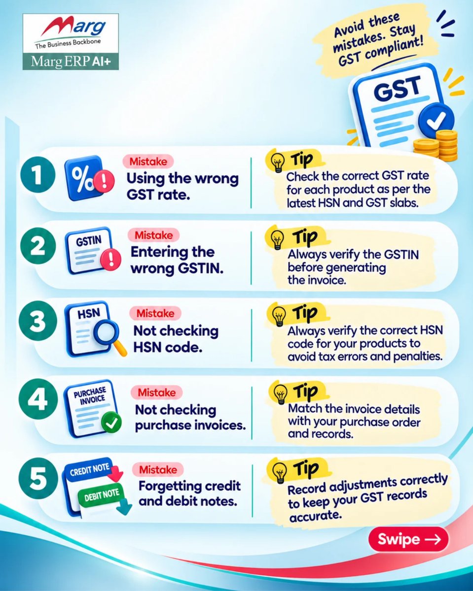 MargErpLtd's tweet photo. Swipe through 👉 5 common GST mistakes shop owners should watch out for.
✅ 𝐂𝐡𝐞𝐜𝐤 𝐲𝐨𝐮𝐫 𝐆𝐒𝐓 𝐫𝐚𝐭𝐞𝐬
✅ 𝐕𝐞𝐫𝐢𝐟𝐲 𝐆𝐒𝐓𝐈𝐍𝐬
✅ 𝐔𝐬𝐞 𝐭𝐡𝐞 𝐜𝐨𝐫𝐫𝐞𝐜𝐭 𝐇𝐒𝐍 𝐜𝐨𝐝𝐞𝐬

#GSTTips #GSTIndia #ShopOwners #BusinessTips #MargERP #margerpltd #margerpaiplus https://t.co/MyYr7CWL8H