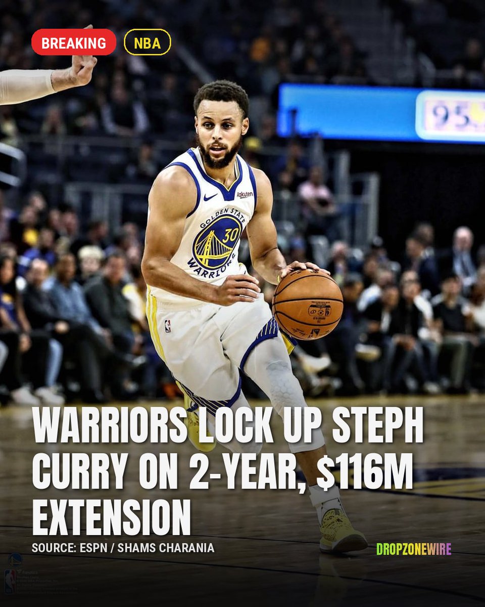 dropzonewire's tweet photo. WARRIORS LOCK UP STEPH CURRY ON 2-YEAR, $116M EXTENSION. Does taking less keep Golden State in the title mix? https://t.co/9rLra4fw7J