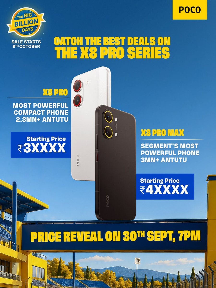 IndiaPOCO's tweet photo. WHEN EVEN THE PROs ARE UPGRADING... YOU KNOW IT'S BIG! 😱

The X8 Pro Series is getting its craziest BBD discount yet!

Starting Price: ₹3X,XXX/-

Drop your price guesses in the comments and hit that wishlist button! 

#POCOIndia #BBD #BigBillionDays #Discount https://t.co/PnPLuGU8x4