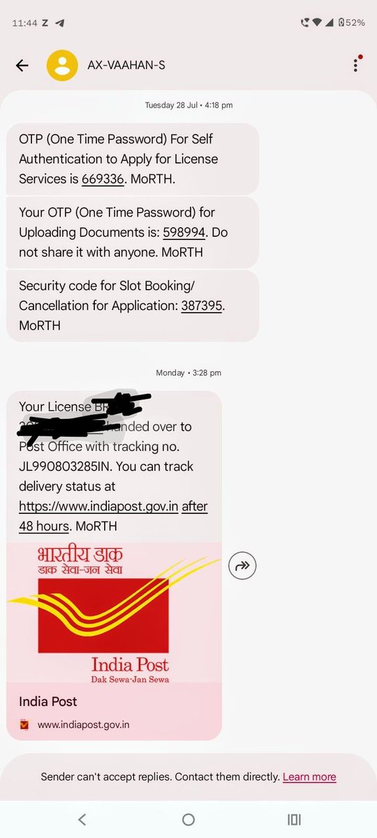 RiteshP439's tweet photo. @IndiaPostOffice My Driving Licence (DL) was handed over to India Post with tracking no. JL990803285IN, but it has still not been delivered. Please check the current status I am also unable to track this consignment using the given tracking number. Please check and update https://t.co/FK4P9fzE1S