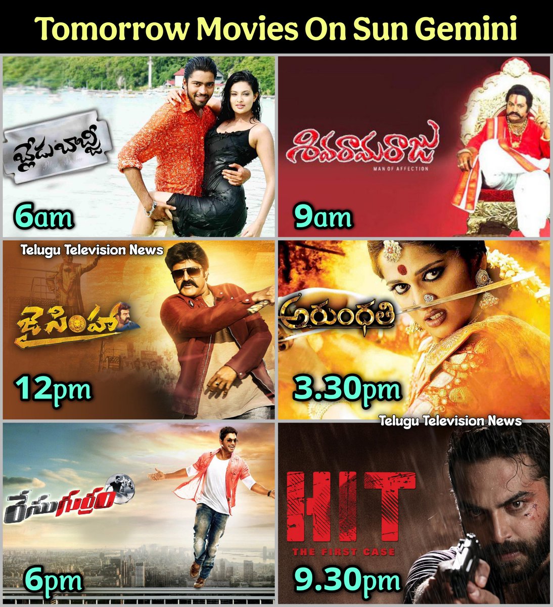 TeluguTvExpress's tweet photo. Tomorrow movies on #GeminiTV 

#BladeBhabji 6am
#SivaRamaRaju 9am
#JaiSimha 12pm
#Arundathi 3:30pm
#Racegurram 6pm
#HIT 9:30pm

#AlluArjun #Balakrishna #VishwakSen #AllariNaresh #AnushkaShetty #Nayanthara #ShrutiHaasan https://t.co/mcoc5UK0HH