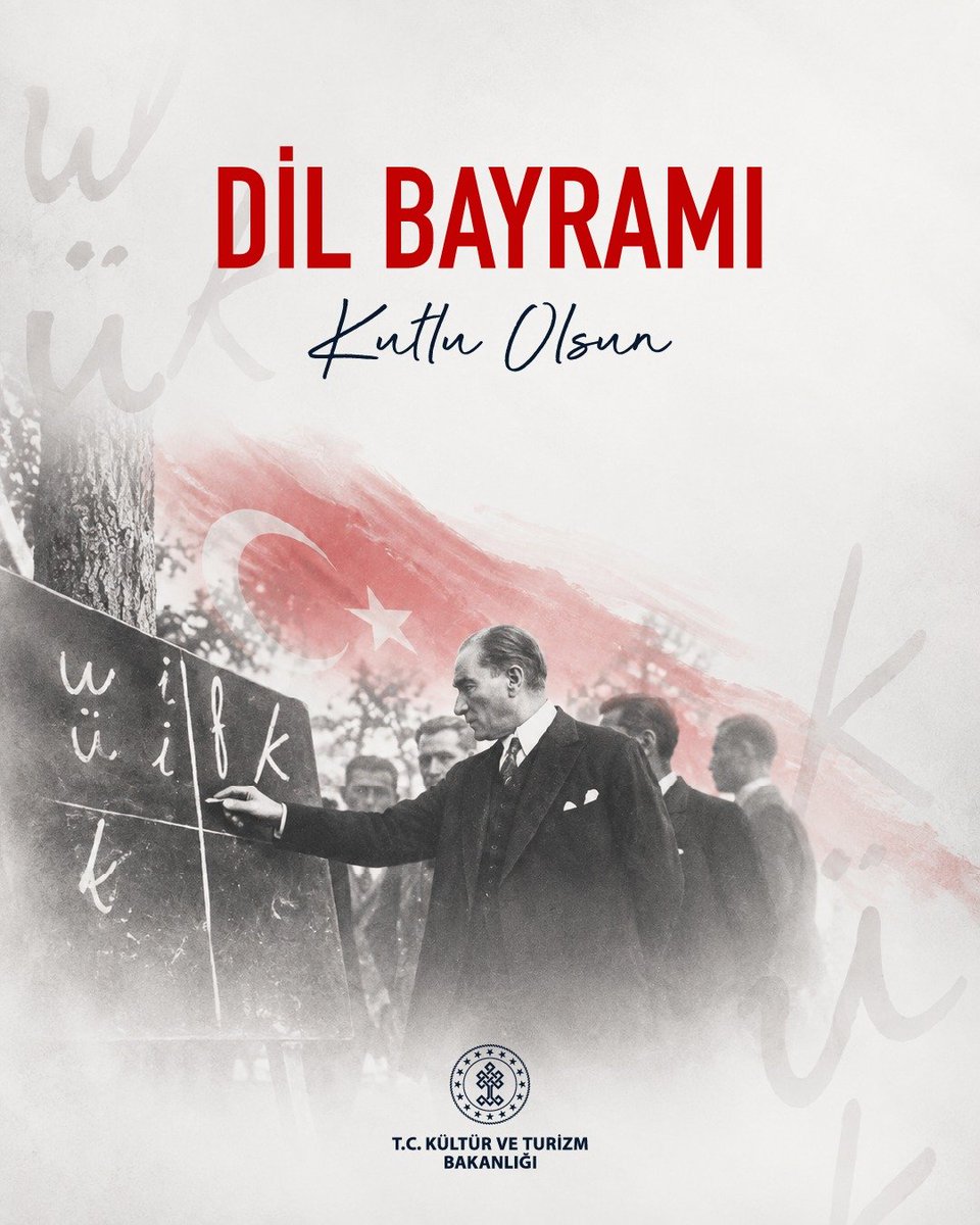 TCKulturTurizm's tweet photo. Türkçemizin köklü birikimini korumak, zenginliğini yaşatmak ve gelecek kuşaklara güçlü biçimde aktarmak ortak sorumluluğumuzdur.

Gazi Mustafa Kemal Atatürk’ün öncülüğünde gerçekleştirilen Birinci Türk Dili Kurultayı’yla güç kazanan Türkçemizi koruma ve geliştirme iradesini bugün de aynı kararlılıkla sürdürüyoruz.

Bilimden sanata, edebiyattan yayıncılığa, eğitimden dijital dünyaya kadar hayatın her alanında Türkçenin doğru, özenli ve güçlü kullanımını destekliyoruz.

Gazi Mustafa Kemal Atatürk başta olmak üzere geçmişten bugüne dilimize emek veren bütün ilim, fikir, kültür ve sanat insanlarını saygı ve minnetle anıyoruz.

26 Eylül Dil Bayramı kutlu olsun.
