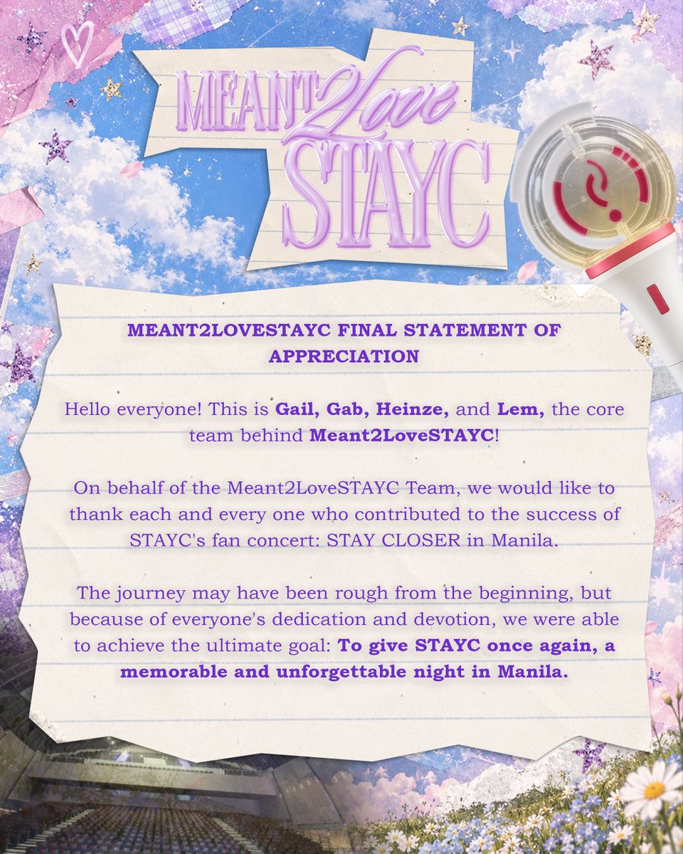 Meant2LoveSTAYC's tweet photo. Congrats to all Filo-SWITHs for a successful concert 🥳!

We were all able to show that our love for @STAYC_official will never waver 

We, the Meant2LoveSTAYC team, thank all of you, for loving our "Stars To A Young Culture” 💖

#STAY_CLOSER #STAY_CLOSER_MANILA #MEANT2LOVESTAYC https://t.co/RomoEWnyZC