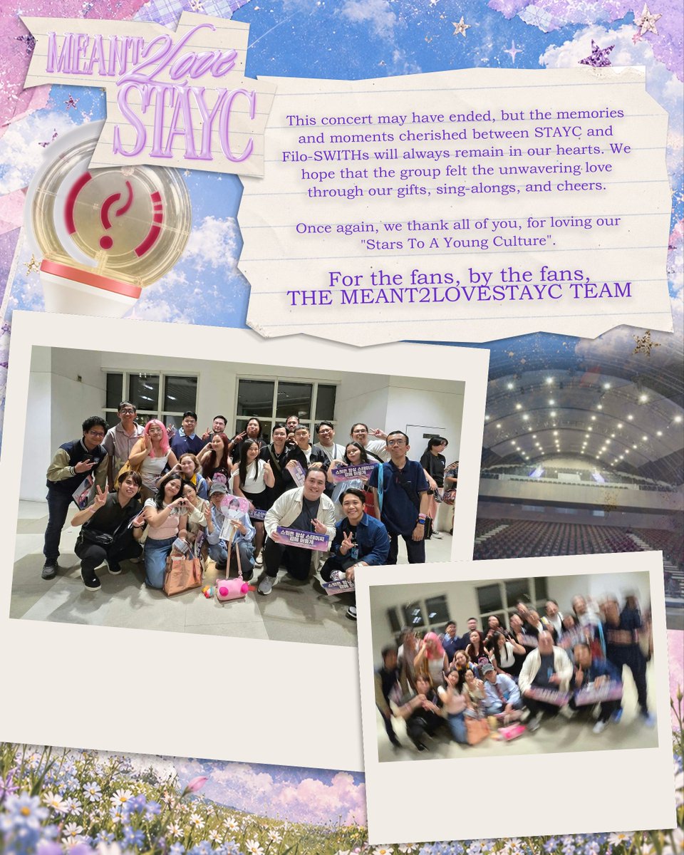 Meant2LoveSTAYC's tweet photo. Congrats to all Filo-SWITHs for a successful concert 🥳!

We were all able to show that our love for @STAYC_official will never waver 

We, the Meant2LoveSTAYC team, thank all of you, for loving our "Stars To A Young Culture” 💖

#STAY_CLOSER #STAY_CLOSER_MANILA #MEANT2LOVESTAYC https://t.co/RomoEWnyZC