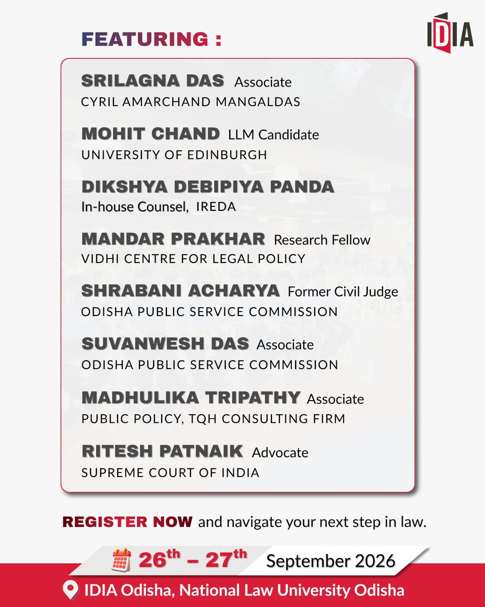 IDIALaw's tweet photo. IDIA Odisha Chapter brings you: “Navigating Law” – National Legal Careers Bootcamp.

Join us on 26th and 27th of September, 2026, for complete guidance on available careers in the law field.

Event Details-
Date: 26th and 27th September, 2026
Time: 4:30 PM- 6:30 PM
Mode: Online

Registration Fees-
Early Bird Registrations - ₹350 (till 22nd September, 2026)
Regular Registrations- ₹499 (till 25th September 2026)
IDIA Scholars and Trainees- Free of Cost

All participants will receive a Certificate of Participation issued by IDIA Odisha

Register Now:
https://t.co/cGOcNddh7h

For queries: idiaodisha@nluo.ac.in

#IDIA #DiversityInLaw #LawForAll #LegalEducation #LawStudents
