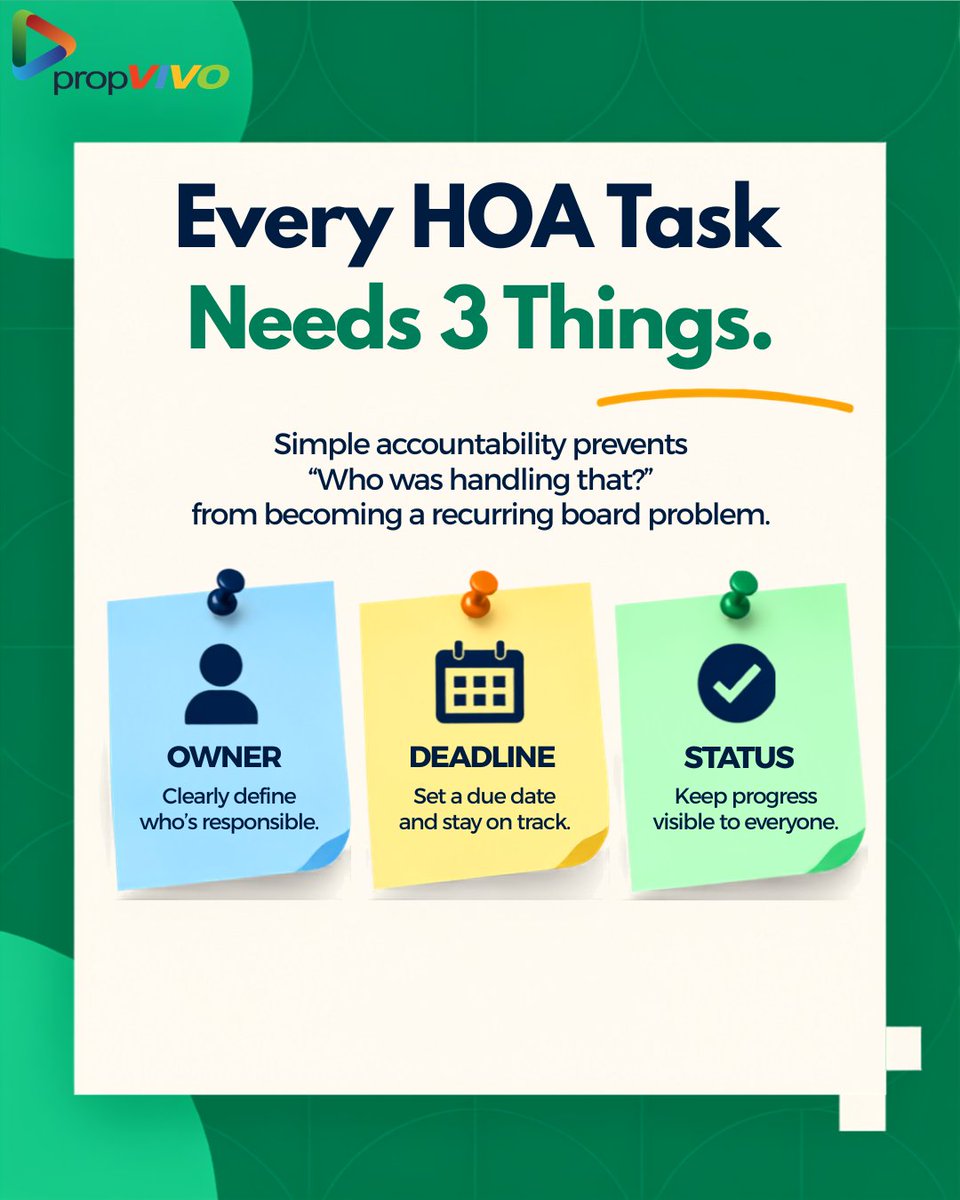 propvivo's tweet photo. Every HOA task needs 3 things: an owner, a deadline, and a status.
Simple accountability prevents “Who was handling that?” from becoming a recurring board problem.

#PropVIVO #HOAManagement #PropTech#HOABoard #TaskManagement https://t.co/QMLXrCdhTn