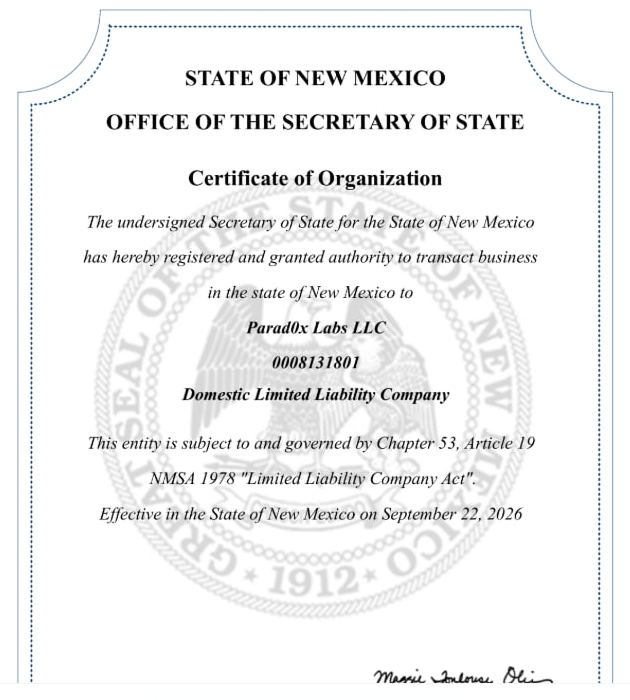 Parad0x_Labs's tweet photo. Parad0x Labs LLC is officially registered in New Mexico, USA. New Mexico Business ID: 0008131801

Project is already ~300 days into development, so this isn’t the usual “registered a company, now let’s figure out what to build” post 😄

We build first, formalize things when they’re actually needed, and keep moving.

Now we have the proper company structure for partnerships, contracts and the next stage of VOOL.

Back to building.