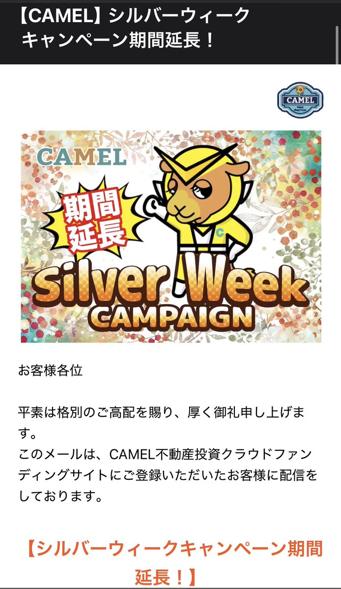 panchiwa_labo's tweet photo. CAMELからシルバーウィークキャンペーンの案内が、めっちゃ届きます📩
でも実は、8月発送予定だったキャンペーン分は…
9月に延期になったまま、まだ届いてません🥹
配当金は入金されてるけど、キャンペーンメールだけ来ないのは気になる💦
しばらく様子見します👀
#不動産クラファン #CAMEL https://t.co/FuOvsFbfs3