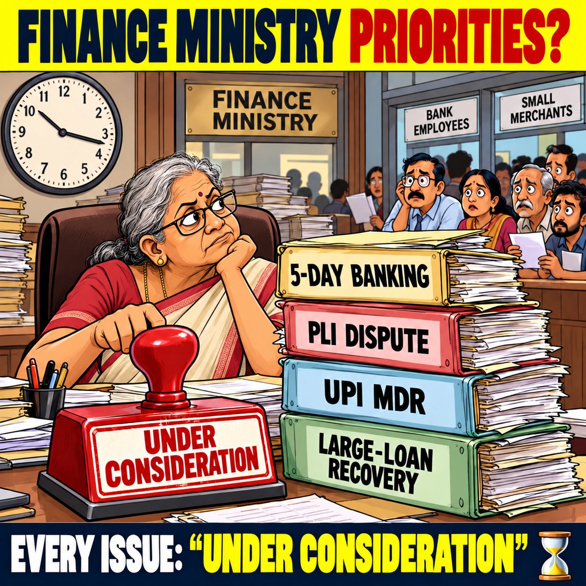 Its_Pradeep_IN's tweet photo. 5-day banking: under consideration. PLI dispute: under consideration. UPI merchant fees: questions remain Large-loan write-offs how much has actually been recovered?

Bankers, merchants and taxpayers deserve clear answers and timelines from the Finance Ministry. #5DayBanking #UPI https://t.co/s4u3lZ7CUH