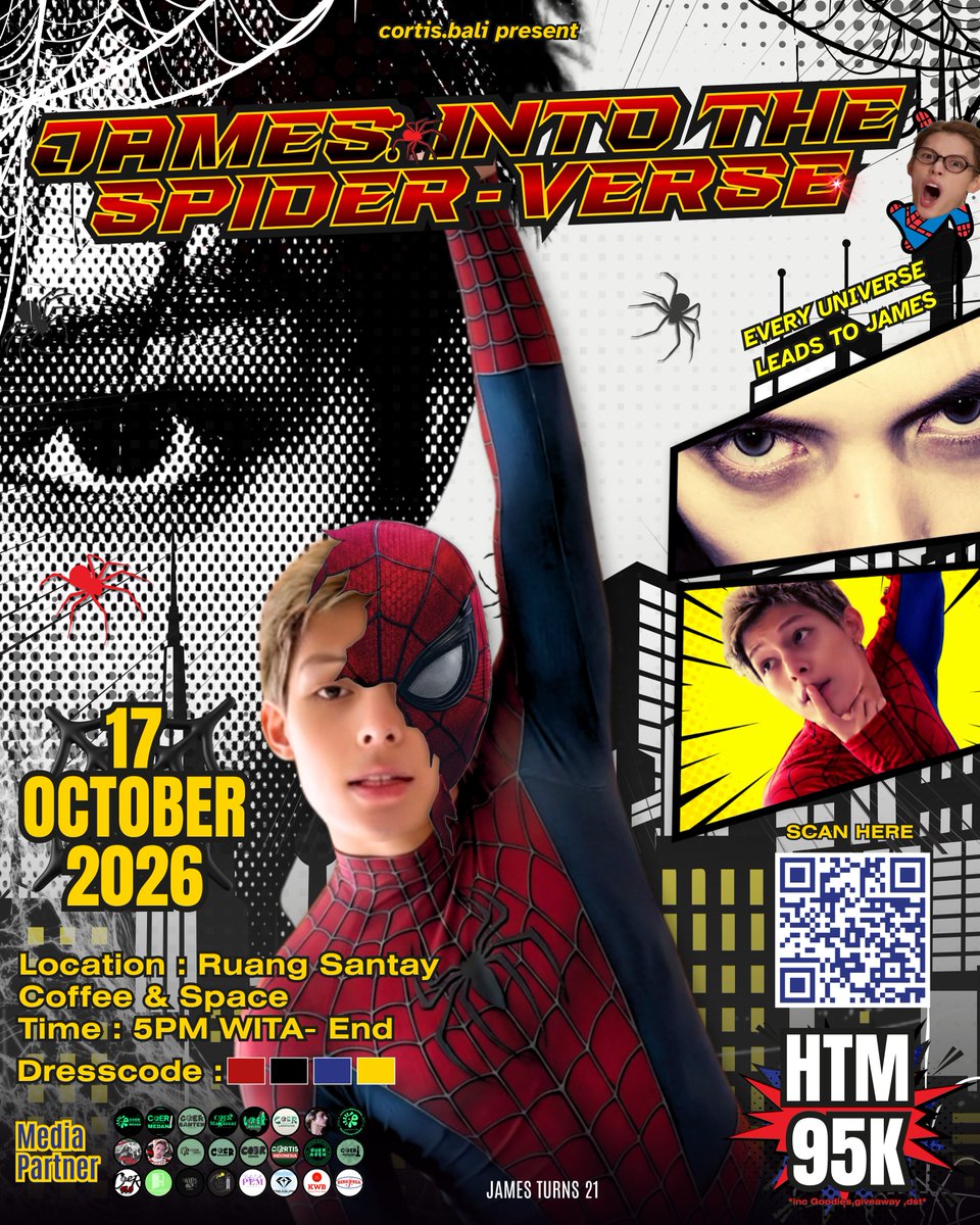 zhaoyufancokr's tweet photo. 🕷️ 𝗝𝗔𝗠𝗘𝗦 𝗜𝗡𝗧𝗢 𝗧𝗛𝗘 𝗦𝗣𝗜𝗗𝗘𝗥-𝗩𝗘𝗥𝗦𝗘 🕸️
Presented by: @cortis.bali

𝗝𝗮𝗺𝗲𝘀 𝗧𝘂𝗿𝗻𝘀 𝟮𝟭! 🎂

Every universe leads to 𝗝𝗔𝗠𝗘𝗦. 🕷️

Get ready to swing into another universe and celebrate James’ 21st Birthday with COER BALI! ❤️🖤💙💛

🧵 Read the details below! ⤵️