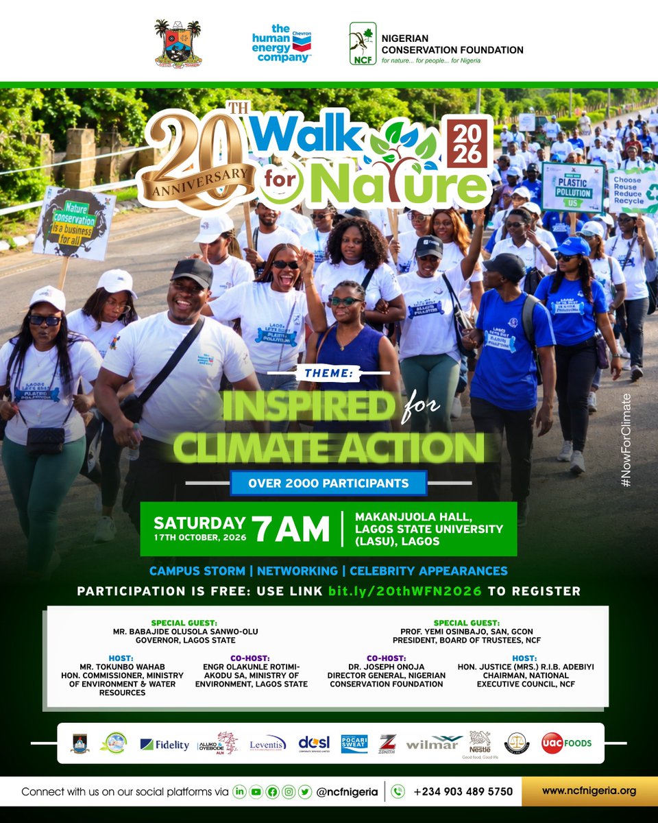 ncfnigeria's tweet photo. Get ready for the 20th edition of Walk for Nature
📍 Lagos State University, Lagos
📅 Saturday, October 17, 2026
⏰ 7:00 AM
Registration is now open!
Register here: https://t.co/N1ikGKRFDO
Don’t forget to share this post and tag your friends.
#NCF #InspiredForClimateAction https://t.co/sfV5oHcZbp