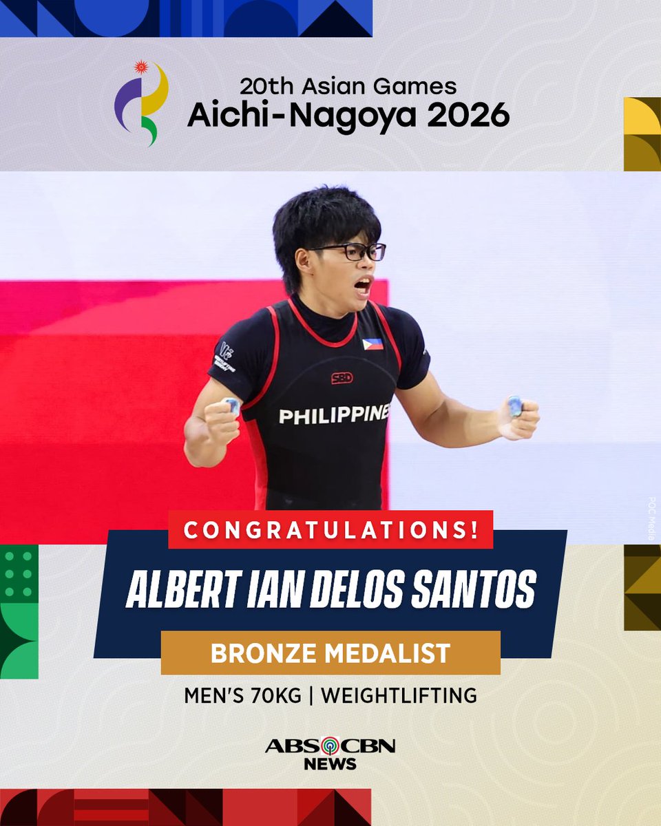 ABSCBNNews's tweet photo. BRONZE FOR DELOS SANTOS 🥉  

Weightlifter Albert Ian Delos Santos captures bronze in the men's 70kg in his Asian Games debut!  

The 20-year-old finished with a total of 324kg, setting the new junior world and Asian record in clean and jerk at 183kg. | via @PaigeJavier https://t.co/bQdxGT5hWO