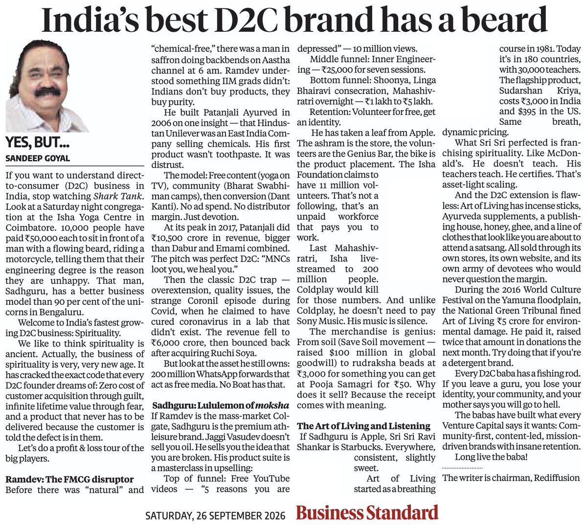 beastoftraal's tweet photo. "India’s fastest growing D2C business: Spirituality. It has cracked the exact code that every D2C founder dreams of: Zero cost of customer acquisition through guilt, infinite lifetime value through fear, and a product that never has to be delivered because the customer is told the defect is in them."