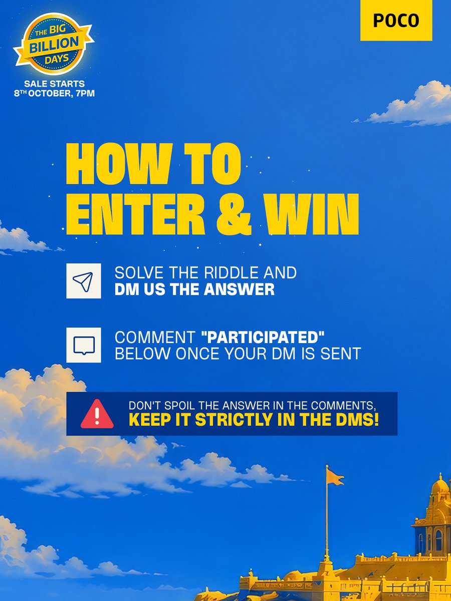 IndiaPOCO's tweet photo. THE BIGGEST CONTEST OF THE SEASON IS HERE! 🎉
Get ready to win big this Big Billion Days! Solve the riddle, crack the clues, and guess the starting price for a chance to WIN A FREE POCO
DM us your answer and stay tuned for your next task!
#POCOIndia #BBD  #BigBillionDays #Contest https://t.co/QRuqem5I9Z