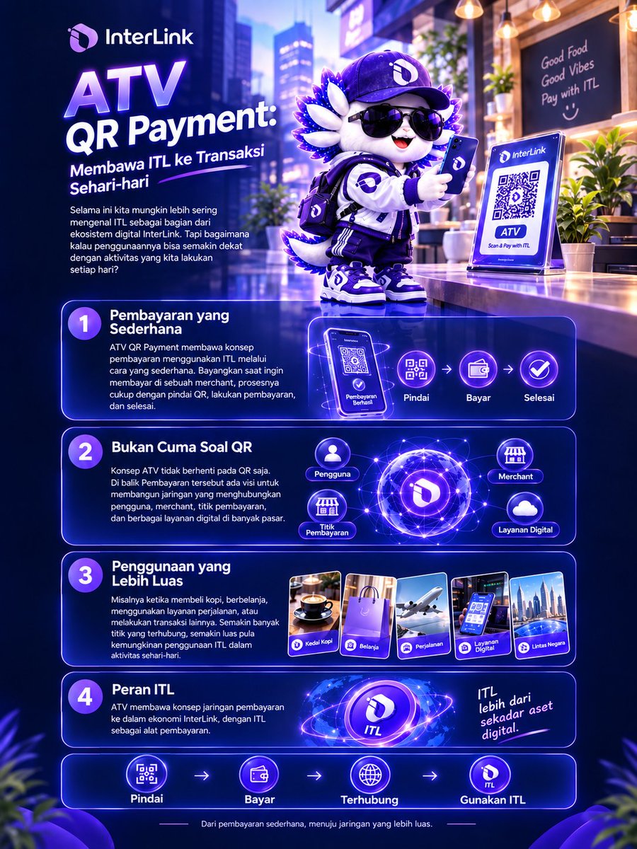 apasih009's tweet photo. ATV QR Payment: Membawa ITL ke Transaksi Sehari-hari 💜

Bayangin kalau ITL bisa digunakan bukan cuma di dalam ekosistem digital,tapi juga untuk berbagai kebutuhan sehari-hari.
Lewat ATV QR Payment,proses pembayarannya dibuat sederhana: pindai QR,lakukan pembayaran dan transaksi pun berjalan dengan praktis.

Tapi ATV bukan cuma tentang QR.
Ada visi yang lebih luas untuk menghubungkan pengguna,merchant,titik pembayaran dan layanan digital dalam satu jaringan yang bisa berkembang ke berbagai pasar.
Mulai dari kedai kopi,ritel,perjalanan sampai berbagai layanan lainnya,semakin banyak titik yang terhubung berarti semakin luas pula peluang penggunaan ITL.

Pindai → Bayar → Terhubung → Gunakan ITL.

#InterLink #ITLG #ITL