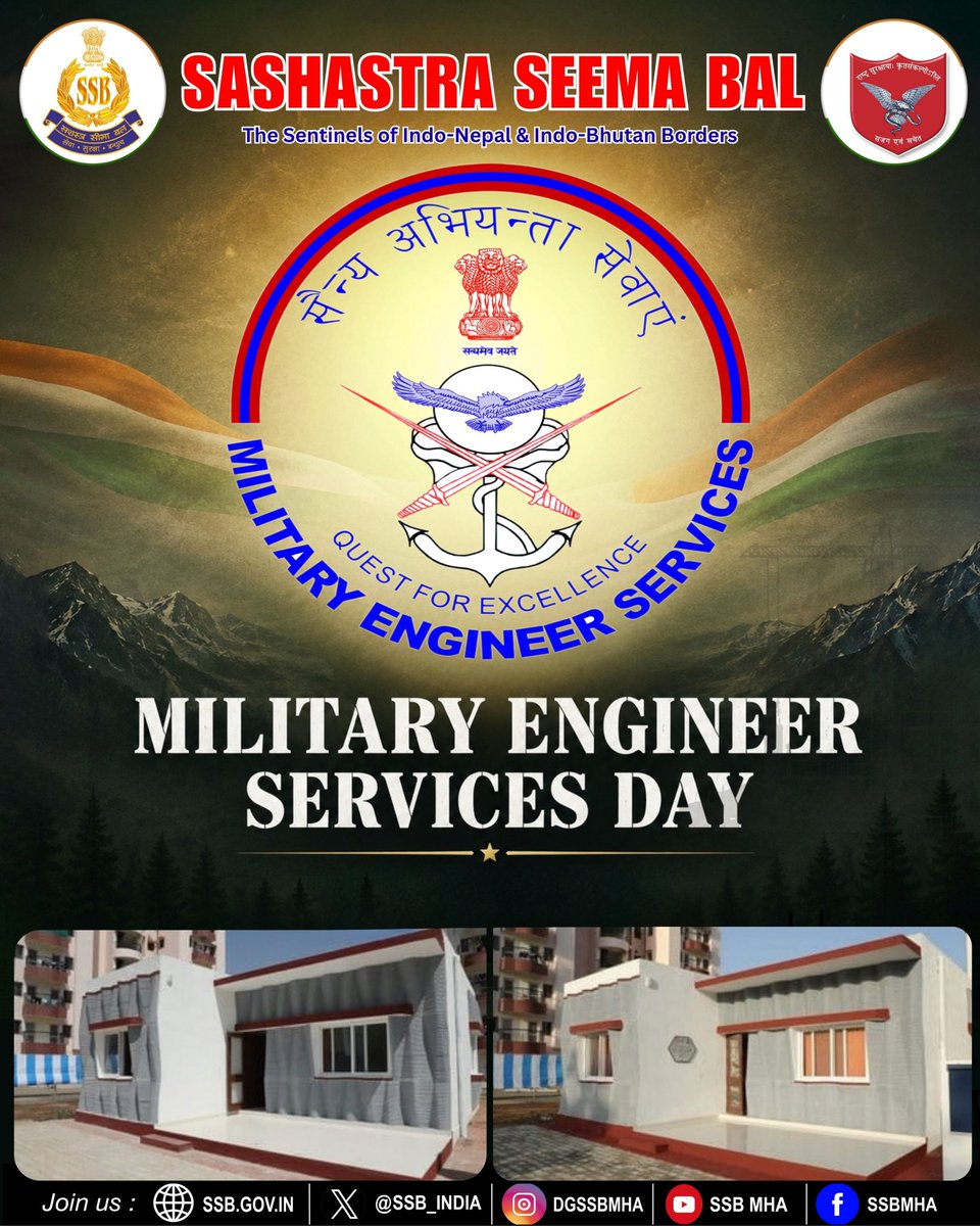 SSB_INDIA's tweet photo. #DGSSB and all ranks of #SSB extend warm greetings to all personnel of Military Engineer Services (#MES) and their families on the 104th #MESDay.
With unwavering dedication, engineering excellence and commitment to service, MES continues to strengthen India’s defence infrastructure and empower our Armed Forces, making a vital contribution to #NationBuilding.
Wishing MES continued success and excellence in service to the #Nation.
#MilitaryEngineerServices #IndianArmedForces
#NationFirst
@PIBHomeAffairs
@adgpi @DefenceMinIndia @SpokespersonMoD
