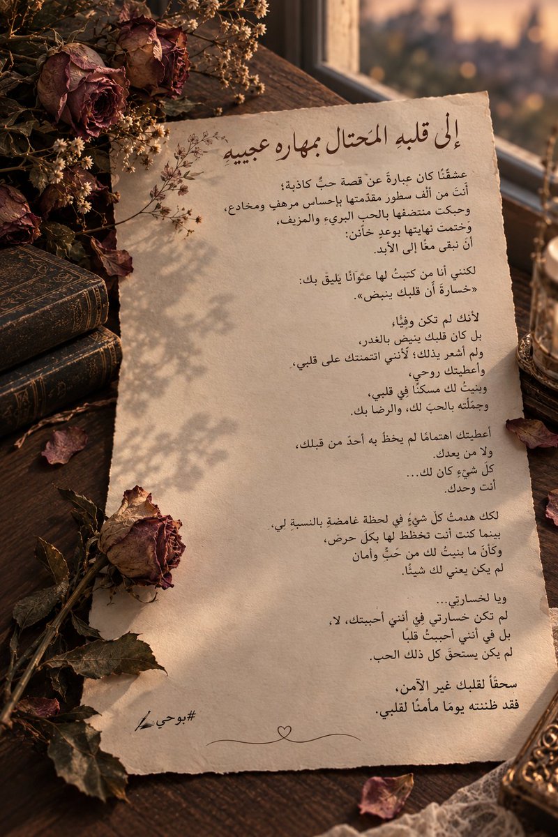 azozy_55's tweet photo. #بوحي✍ #صباحيات

إلى قلبه المحتال بمهاره عجيبه، 
عِشقُنا كان عبارةً عن قصةِ حبٍّ كاذبة؛
أنتَ من ألّف سطورَ مقدّمتها بإحساسٍ مرهفٍ ومخادع،
وحبكتَ منتصفَها بالحبّ البريء والمزيّف،
وختمتَ...............💔🥺

.....؟! https://t.co/lg1ZBAT8lV