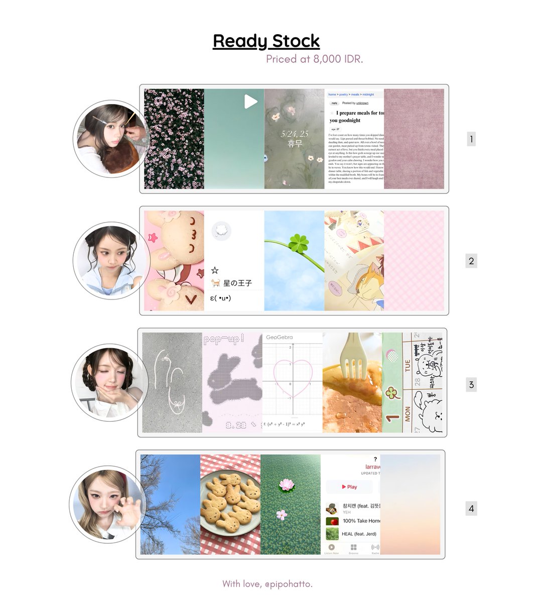 pipohatto's tweet photo. help repost, please? thankiu! :3

hilu, lovelies! aku punya 8 ready stock layout .. <rs: kya, carmen, yuha, stella, ian, haum, wonyoung, juun> dengan harga yang tertulis di gambar! ♥︎ jajan yuk! \ü/

#zonauang https://t.co/LrzPW1QDce