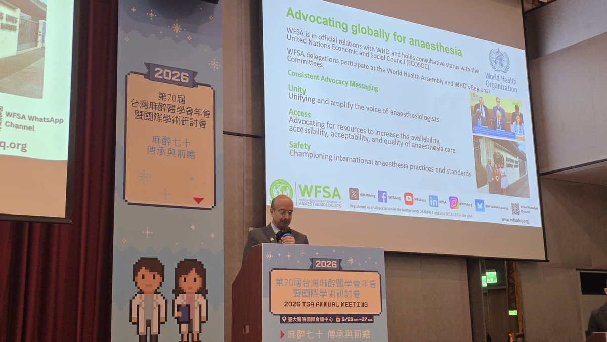 wfsaorg's tweet photo. 📍 Taiwan 🇹🇼
WFSA President-Elect Dr J Balavenkatasubramanian addressing the Opening Ceremony of the 70th Annual Meeting of the Taiwan Society of Anesthesiologists (TSA) and the international conference 70 Years of TSA: Honoring the Past, Shaping the Future, in Taipei today. 
 
The meeting brings together anaesthesiologists to exchange ideas, share knowledge and explore the future of anaesthesiology and sustainable practice.