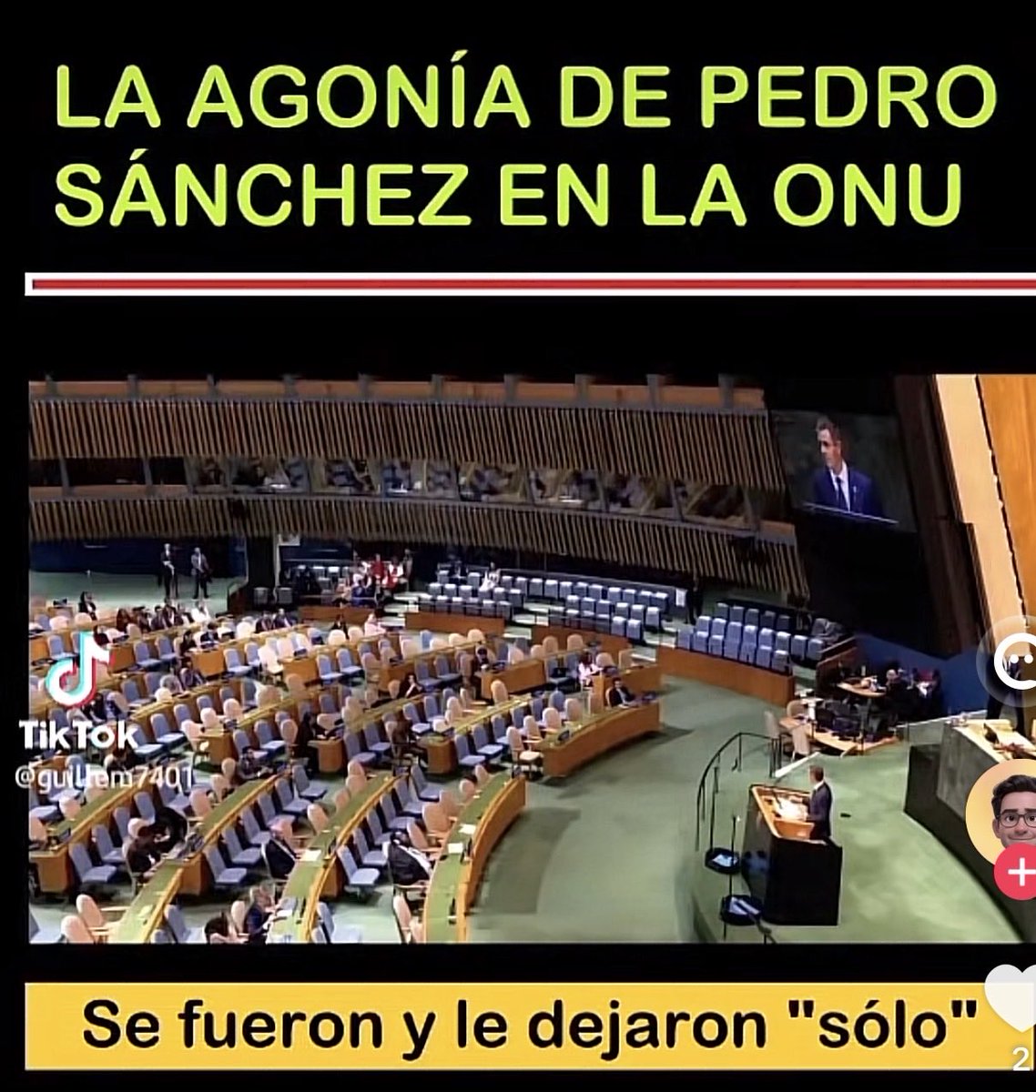 DiosaKhalinda's tweet photo. Por lo que sea, esta imagen no la hemos visto en ninguna de las TVs españolas del régimen: el discurso de Sánchez en la ONU frente a un auditorio casi vacío https://t.co/F9tB4Yq2Pe