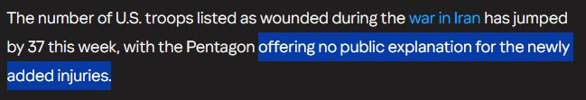 iranscreenshot's tweet photo. Once again, more U.S. sailors have been quietly listed as injured amid the Iran war. 
 
How is Iran wounding so many U.S. sailors and marines?

"Pentagon offering no public explanation for the newly added injuries." https://t.co/CcIJW0uBJ8