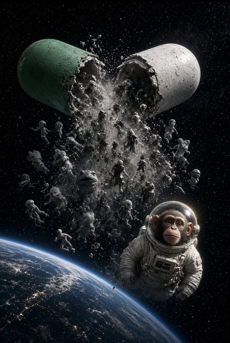 XaRgghhhP's tweet photo. $moonkey origin story 

They picked the same day.
16 July 1969. Saturn V leaves the tower. Three men crawl toward a dead white rock.
16 July 2026. 12:34. Pump fun drops a mission patch on the timeline: total memetic domination. Wall of gods. Pepe. Dogs. Frogs. Everything that already ate a year. And this one is the only one dressed for the conditions it’s been dropped in. 
Flip the clock.
12:34 backwards is 4.3.2.1.
Countdown. Ignition. Stowaway in the corner of the patch: a monkey in a spacesuit. No name. No chart. No CAPCOM. Just visor and black sky.
The coin is still on Earth.
The monkey is already on the wall.
10 minutes. 10 seconds.
Alon steps on the ticker. Twice.
Doesn’t plant a flag. Doesn’t read a speech.
Buys. Holds. Quiet flag. No cameras.
Then CT does what CT always does with moons. Looks away. Photographs other rocks.
For weeks $moonkey is the dark side. Same suit. No audience. A landing nobody booked.
Then somebody holds the collage up to the chart.
The visor looks back.
That’s the whole miracle. Not a livestream from the surface. A picture hanging in mission control the entire time.
1969 needed a nation.
This needed Pump fun, a 12:34 post time, two Alon buys, and a timeline that slept on the launch window.
4. 3. 2. 1.
Pump fun put him on the wall.
Alon bought.
The suit never came off.
We are still building. 
$moonkey 
CA: BRZ5aeJCDuruA42V1CntqKvofa2G7DS3yyxx1pZEpump