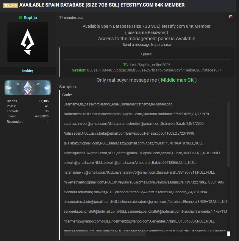 CyberPulse56's tweet photo. ‼️🇪🇸 ALLEGED DATABASE FOR SALE – https://t.co/JZIrn6Xl7Z

A threat actor Sophia claims to be selling an alleged 7 GB SQL database associated with https://t.co/UXDjnJZc9M, reportedly containing information on approximately 84,000 members.

📊 Claimed exposure:
• Usernames & passwords
• Email addresses
• Names and surnames
• Telephone numbers
• Gender & dates of birth
• Alleged management-panel access

The seller has posted sample records and claims the database is available for purchase.

⚠️ The alleged breach, dataset size, member count, credentials, and claimed management-panel access have not been independently verified. Actual passwords, personal data, session tokens and contact details are not reproduced.

#CyberSecurity #DataLeak #DataBreach #Spain #ETestify #ThreatIntelligence