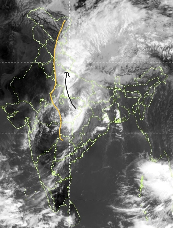 navdeepdahiya55's tweet photo. A clear difference in low pressure impacted areas of UttarPradesh experiencing heavy rains along with cool under 20°c temperatures on Saturday noon. 
Delhi NCR on edge experiencing overcast and pleasant weather conditions (22-24°c). Mild showers are possible in Noida, Ghaziabad towards evening hours. Nothing major in rest of NCR. 

Punjab, Haryana, Rajasthan experiencing partly cloudy and dry weather conditions while west Rajasthan is mainly clear with sizzling hot conditions due to intervention of dry winds.