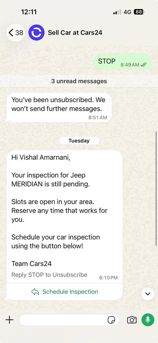 vishalamarnani's tweet photo. @cars24india what kind of STOP is not understood by your AI team?  Who are you Bajaj finance? https://t.co/CjyWI30GJg