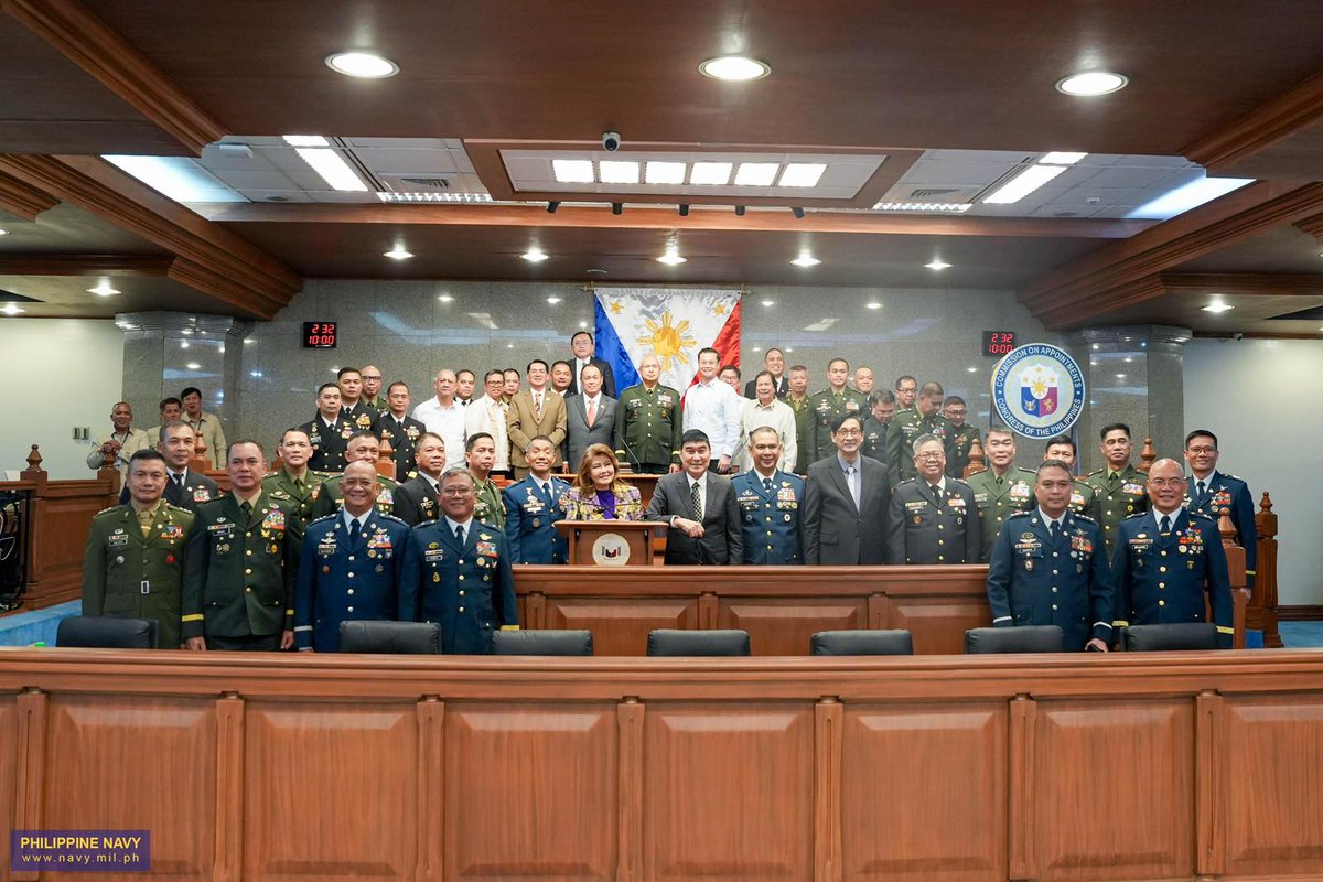 Philippine_Navy's tweet photo. IN PHOTOS | CA bestows confirmation on 10 #PHNavy Officers in Senate Session
The Commission on Appointments (CA) approved the ad interim appointments of ten (10) Philippine Navy and Marine Senior Officers during a session on September 25, 2026, at the Senate of the Philippines Building, Pasay City.
Leading the Philippine Navy appointees were Commodore Raul A Regis PN, Commander, Philippine Fleet; Commodore Nerelito P Martinez PN, Commander, Air Warfare Force; Commodore Ryan L Bakabak PN, Chief of Staff, Philippine Fleet; Commodore Oliver B Reforba PN, Commander, Littoral Combat Force, Philippine Fleet; and Commodore Santiago P Pacis Jr, Deputy Commander, Sea Systems Command.
The CA panel also confirmed the ad interim appointments of the following PN senior officers:
1. Captain Archibald Dino C Delfin PN(MNSA) - Commander, Logistics Support Command, AFP
2. Colonel Joel M Lazo PN(M)(GSC) - Commander, CSB, Philippine Marine Corps
3. Captain Sherwin E Respeto PN(GSC) - Assistant Chief of Staff for Operations, N3, Philippine Navy
4. Colonel Bladimer B Caluya PN(M)(GSC) - Chief of Staff, JSC, AFP
5. Captain Michael G Barrion PN(GSC) - AFP Assistant Deputy Chief of Staff for Financial Management, AJ10
Prior to their appointments, the officers paid a courtesy call on House Speaker Faustino “Bojie” Dy III and other CA officials at the Batasang Pambansa Complex in Quezon City on September 23.
The confirmation underscores the Philippine Navy’s steadfast commitment to strong and capable leadership, with these Senior Officers bringing the experience and professionalism needed to lead with integrity and support the advancement of the Navy’s mission and strategic priorities.
PN @128: Modern and Ready, Strong and Steady — Credible in Mission, Always Mission-Ready
#ProtectingtheSeasSecuringOurFuture
#ModernMultiDomainSelfReliantCrediblePartner
#PN128AlwaysMissionReady
#OneAFPOnePhilippines
#StrongAFPStrongPhilippines
#MatatagNaSandigan
#AFP90