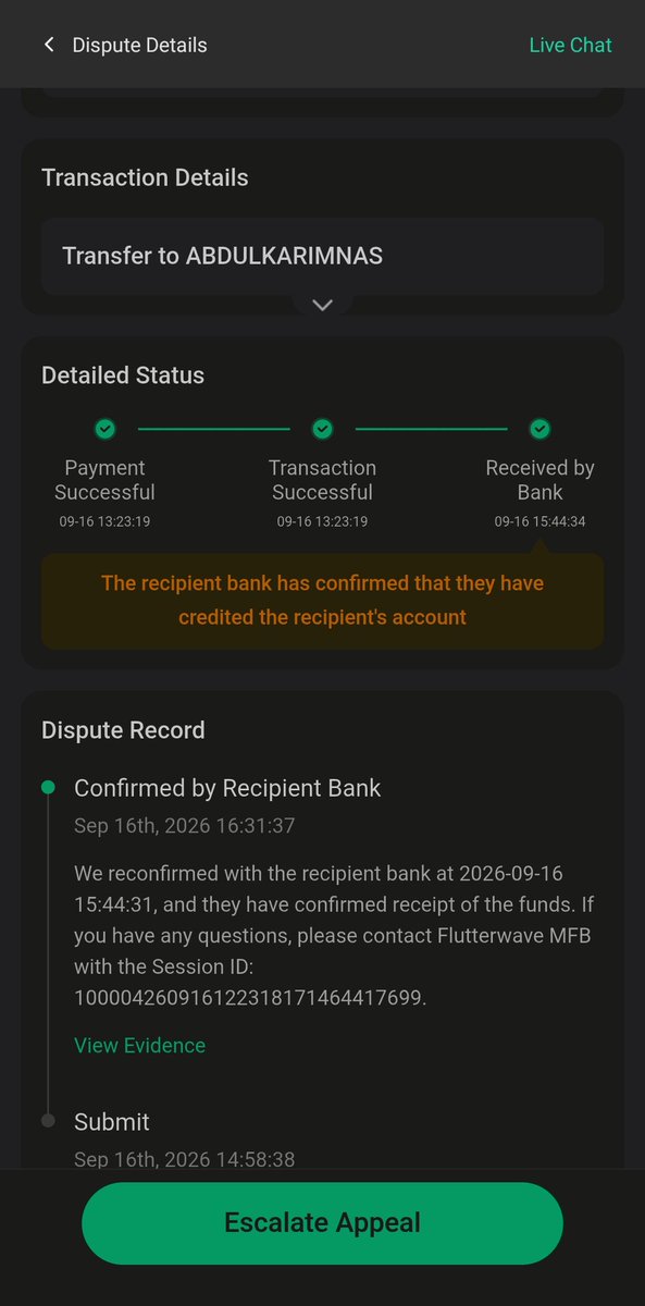 Abdulnasxeb's tweet photo. I am writing to complain about a missing transfer. According to the transaction details, the recipient bank confirmed that the funds were credited to the recipient’s account on September 16, 2026. However, the issue remains unresolved.@CeliaWallet https://t.co/zuMYVYwA7r
