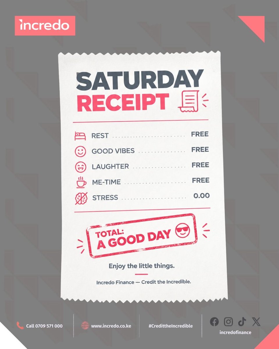 incredofinance's tweet photo. No big agenda today — just enjoy the little things and make the most of your Saturday. 😎

Happy Saturday from Incredo Finance!

#SaturdayVibes #WeekendMood #IncredoFinance #CreditTheIncredible https://t.co/SbxLRKCUSa