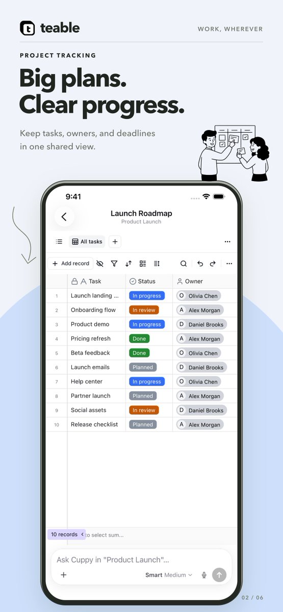 teableio's tweet photo. 📱 Sneak peek: native Teable apps for iPhone, iPad &amp; Android are almost ready!

Ask Cuppy, update records &amp; keep projects moving on the go.

What would you use first? See the preview, vote for your device &amp; join the discussion:
https://t.co/bpv28hMrCM https://t.co/kpMVpGUHCT