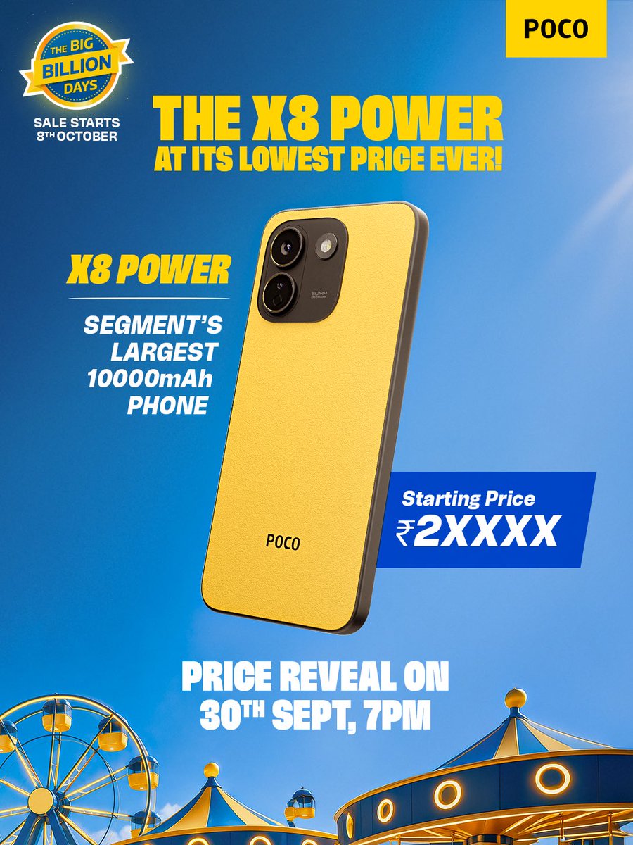 IndiaPOCO's tweet photo. POWERMAXXING will be at its lowest price ever! 

The X8 Power is getting a powerful deal this BBD!

Starting Price: ₹2X,XXX/-

Drop your price guesses in the comments and hit that wishlist button! 

#POCOIndia #BBD #BigBillionDays #Discount https://t.co/hkBilZxglJ