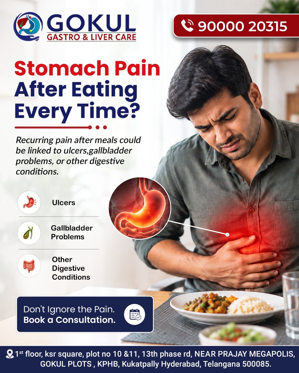GokulGastro's tweet photo. Stomach Pain After Eating Every Time?
Recurring post-meal pain isn't normal—it could signal ulcers, gallbladder issues, or other digestive conditions. Don't ignore the warning signs!
🏥Gokul Gastro &amp; Liver Care
📞90000 20315
#StomachPain #DigestiveHealth #Gastroenterologist #KPHB https://t.co/mUL9lycJuK
