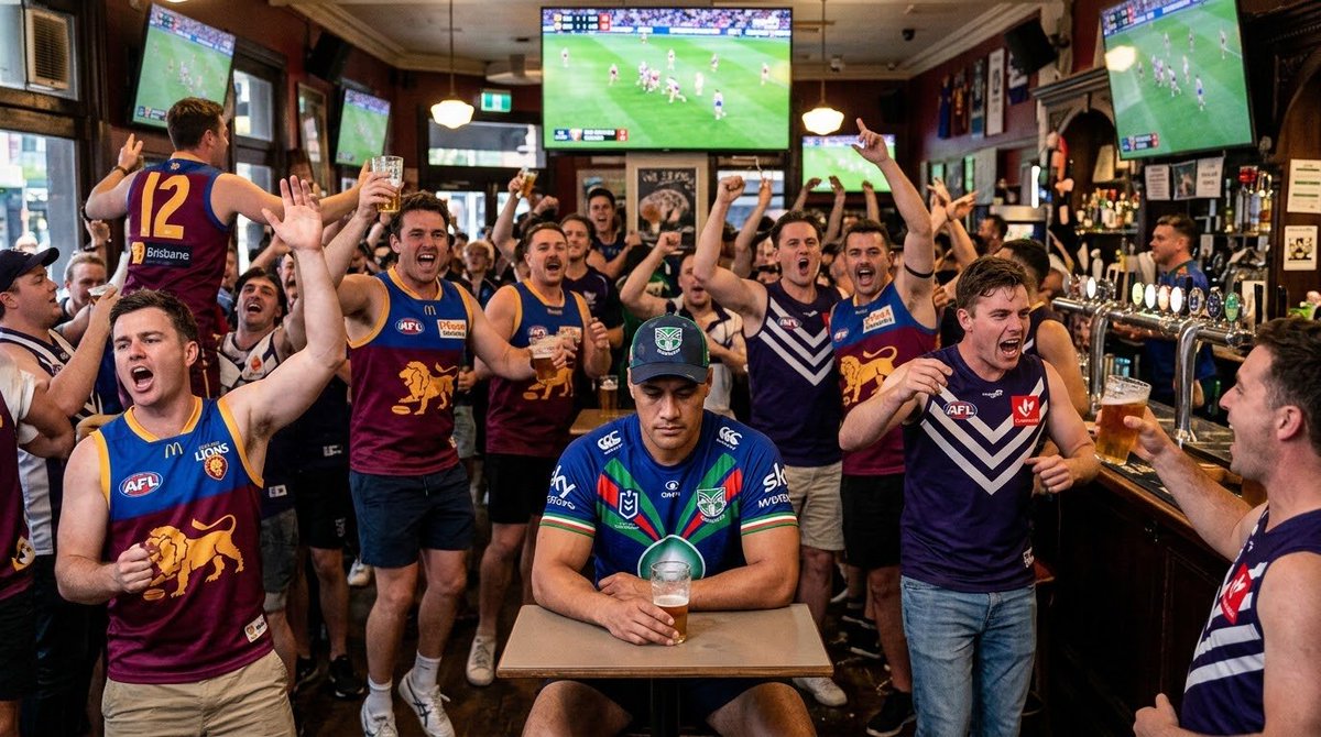 askhelennz's tweet photo. @NZWarriors supporter Tawhai Maraenui from Napier now residing in Ferntree Gully in Melbourne thought he's pop down the local for a few VBs not realising it was the AFL Grand Final and has decided to hit the top shelf to block everyone out. https://t.co/RV9khnJgzU