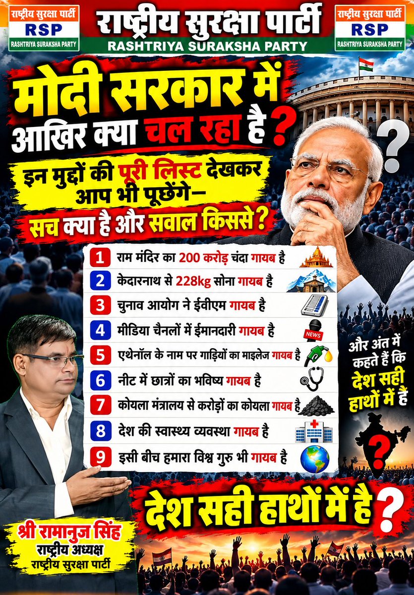 RSPIndiaHQ's tweet photo. मोदी सरकार में आखिर क्या चल रहा है? 9 बड़े मुद्दों पर उठे सवाल, जानिए पूरी सूची
https://t.co/kI1YHeVzuH
#ModiGovernment #RashtriyaSurakshaParty #RSP #IndianPolitics #PoliticalIssues #PublicIssues #GovernmentAccountability #ElectionCommission #Healthcare https://t.co/7QnNttDVmf