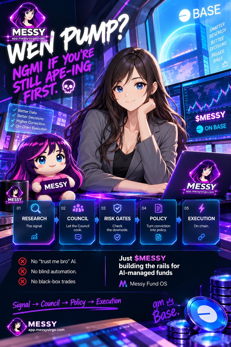 MessyVirgoMod's tweet photo. WEN PUMP?

NGMI IF YOU’RE STILL APE-ING FIRST. 💀
$MESSY is on a different mission:
🔎 Research the signal

🧠 Let the Council cook

🛡️ Run the risk gates

📜 Turn conviction into policy

⚡ Execute on-chain
No “trust me bro” AI.

No blind automation.

No black-box trades.
Research → Council → Policy → Execution
Messy Fund OS is building the rails for AI-managed funds.
@MessyVirgoCoin
gm @base