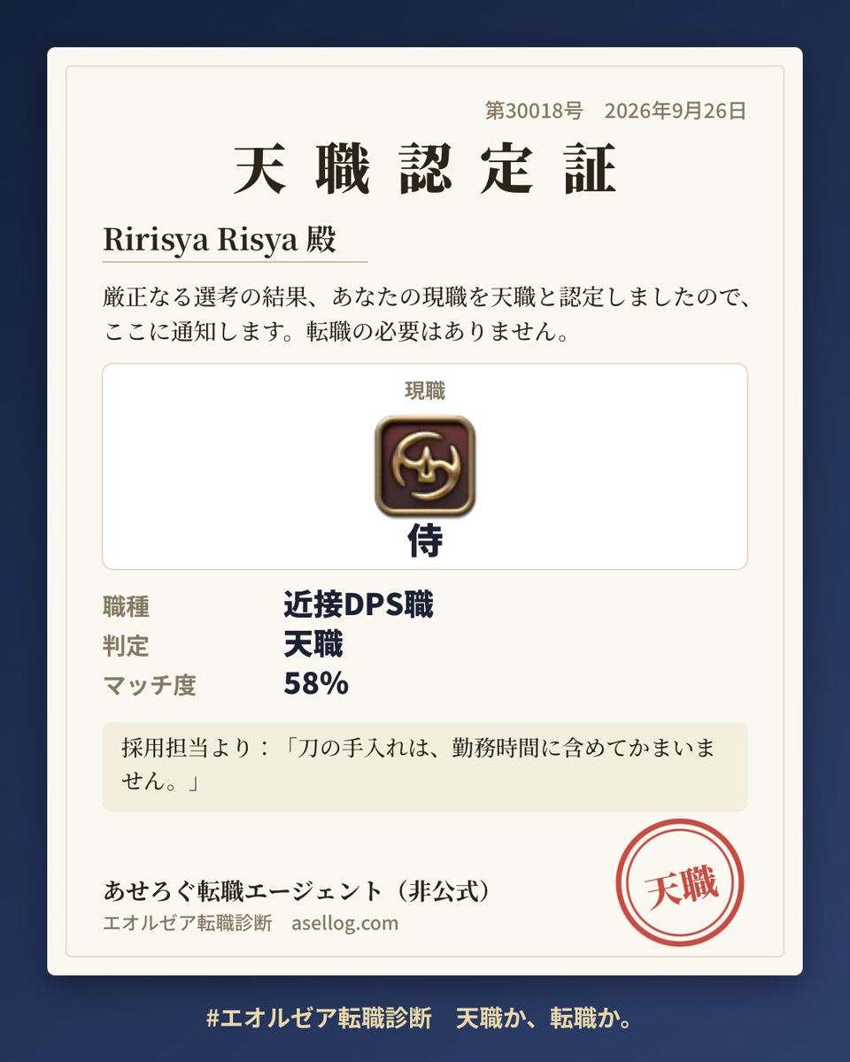 RirisyaRisya's tweet photo. 転職の必要はないそうです笑

#FF14 #エオルゼア転職診断 #asellog
https://t.co/tGdGQyXlsr… https://t.co/qsaEPCJRkP